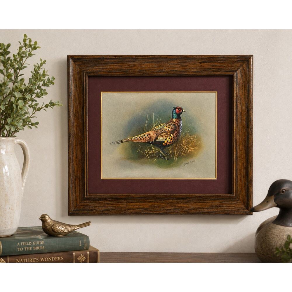 Vintage Basil Ede The Pheasant Foil Art Signed Framed Game Bird 12.5x11 - Picture 2 of 8